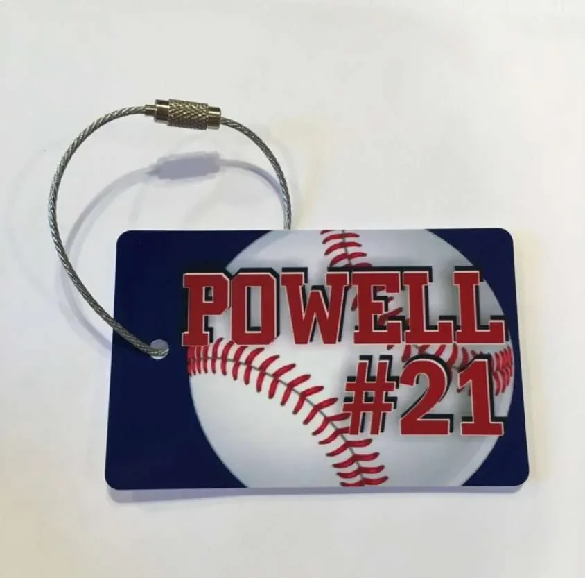 A bag tag in baseball theme