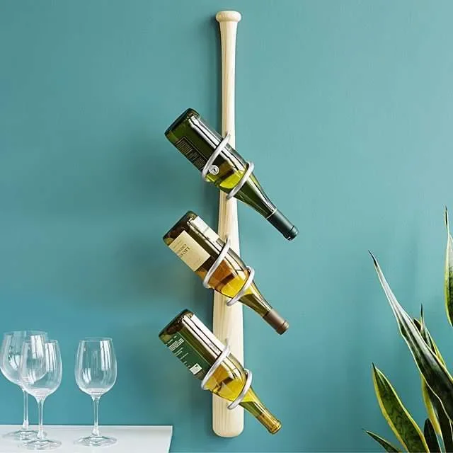 A wine rack in the shape of a baseball bat