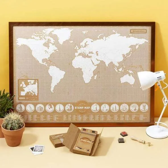 World map with stamps