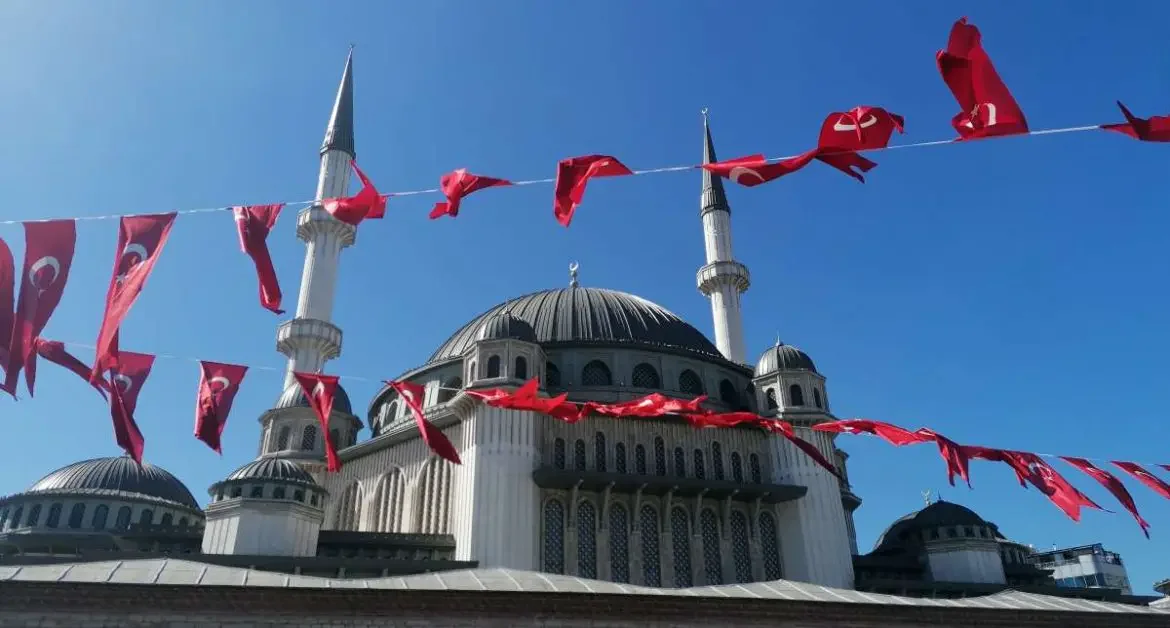 A mosque with Turkish flags