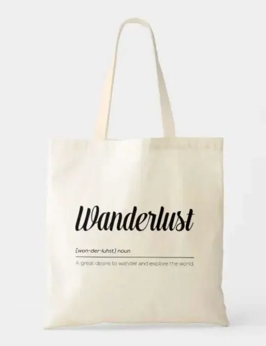 Tote bag with word "wanderlust"