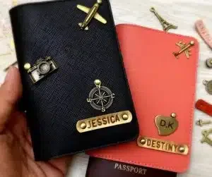 Two passport covers with a personalization