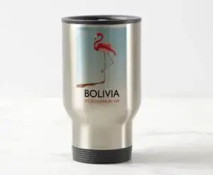 A travel mug with a Bolivian-themed print