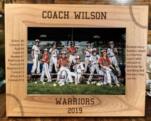 A personalized wooden photo frame for a baseball coach