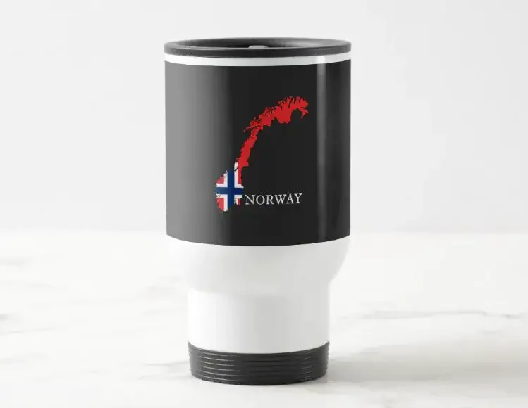 A white travel mug with the map of Norway and the flag of Norway