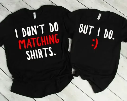 Two black shirts with funny matching text