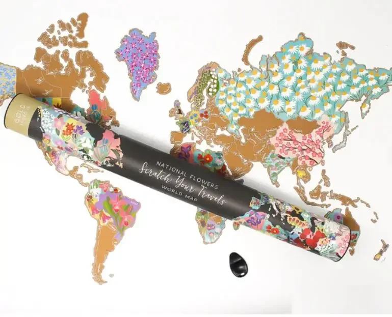 A world map with scratch off items that reveal flowers