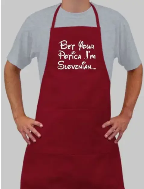A red apron with the text "Bet Your Potica I'm Slovenian"