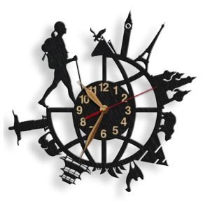A travel-themed wall clock with a bnackpacker and iconis landmarks