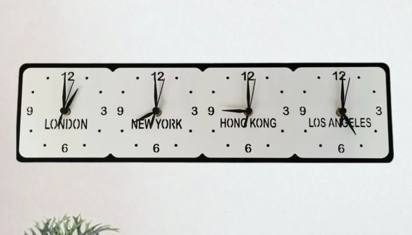 A wall clock with four diffrent clocks of times in different cities