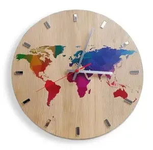 A wooden wall clock with a map of the world in different colors
