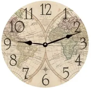 A wall clock with two world maps