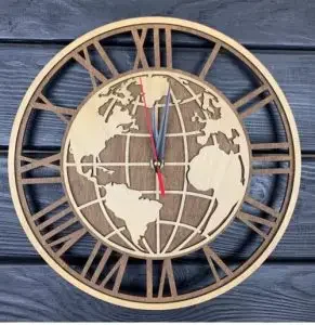 A wooden wall clock with a map of the world