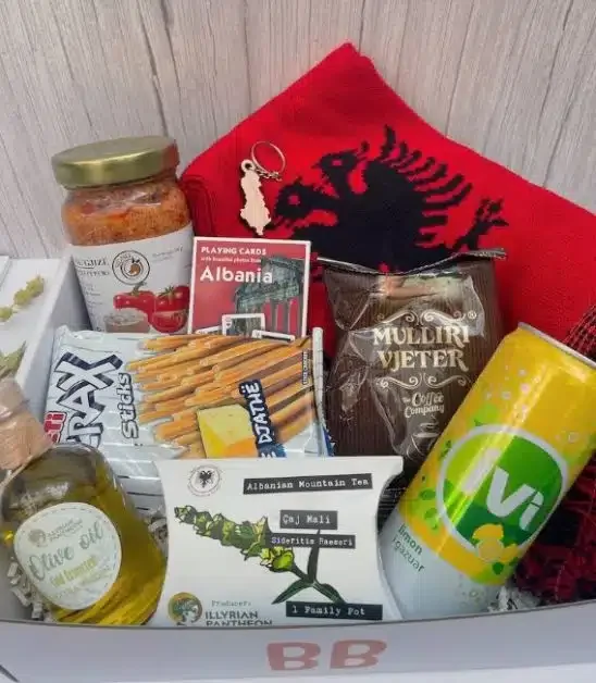 An Albanian gift basket with food and items from the country