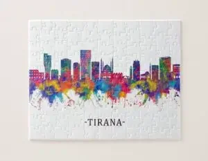 A colorful puzzle of the skyline of Tirana, Albania