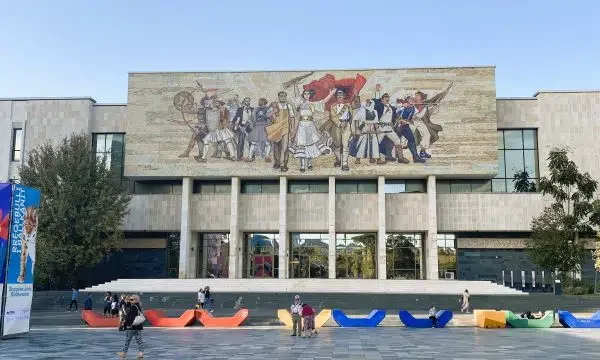 A painting of the Albanian museum of national history in Tirana