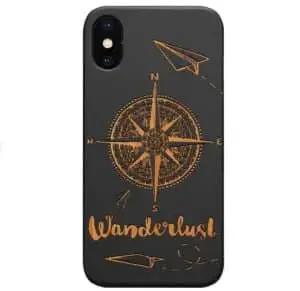 Wooden phone cover with "wonderlust" and a compass