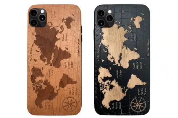 two wooden phone cases with world maps