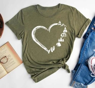 A green t-shirts with a heart and camping icons