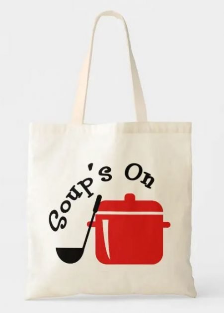 Tote bag with soup's on text