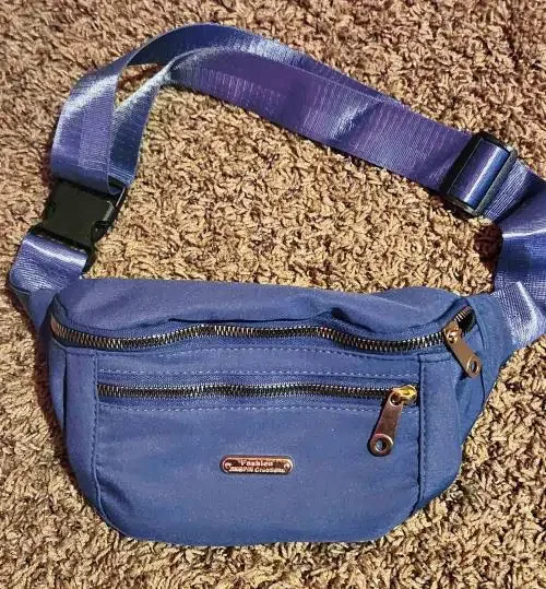 A blue fanny pack