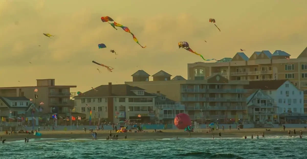 A beach with kites in Maryland