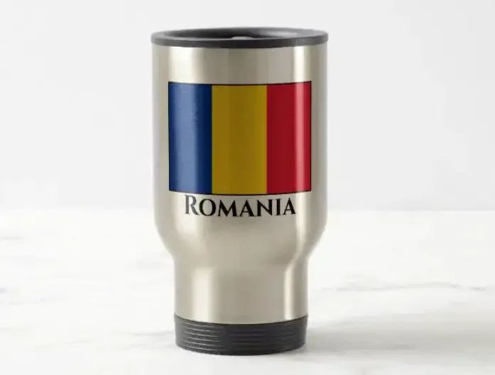 A travel mug with a print of the flag of Romania