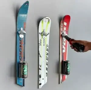 Skis used as wall mounted bottle openers