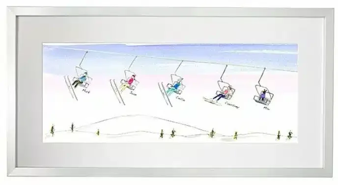 Poster of a drawing of people in ski lifts