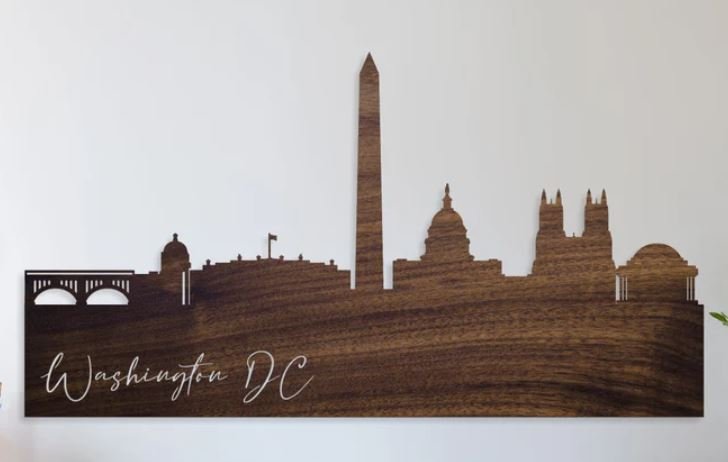 A wooden sign for the wall with the skyline of Washington DC