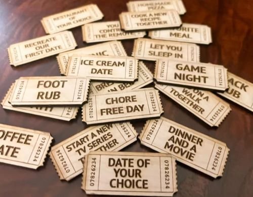 Wooden tickets with personalized coupons for a loved one