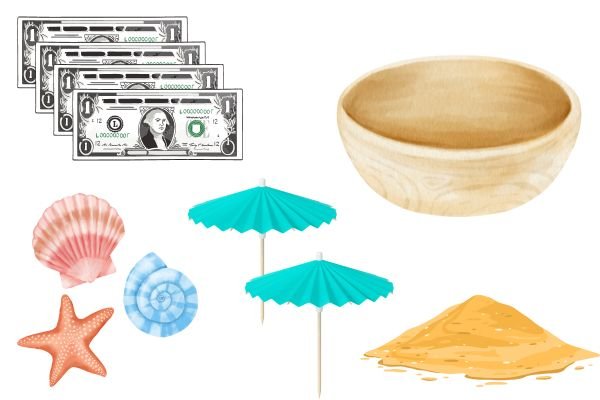 icons of dollar bills, a decorative bowl, sea shells, cocktail umbrellas and sand