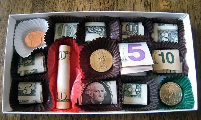 A box of bonbons with cash instead of chocolate