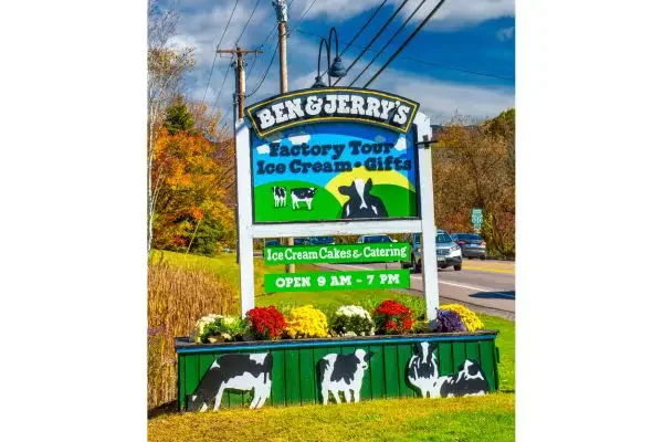 A sign of the Ben & Jerry ice cream factory tour
