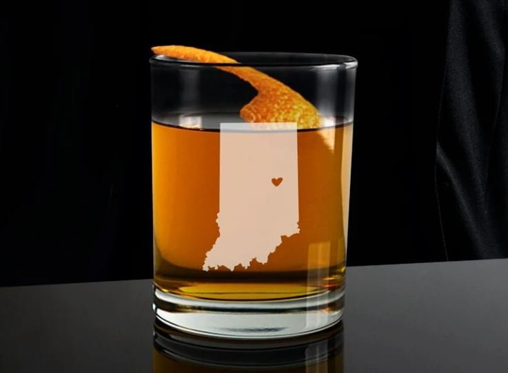 Whiskey glass with the map of Indiana etched