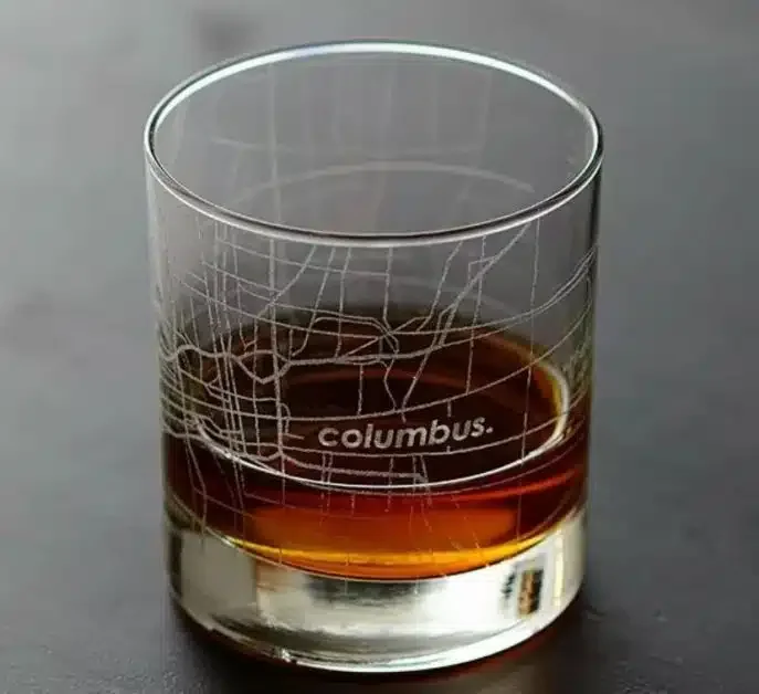 Whiskey glass with a map of Columbus
