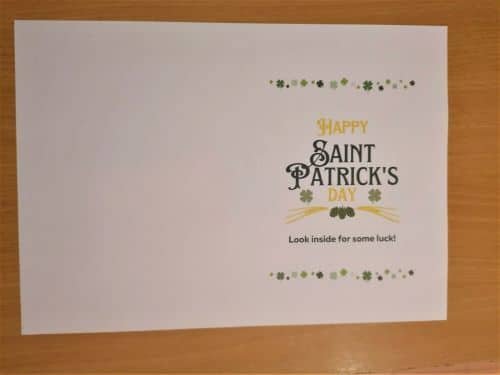White card with Happy Saint patrick's Day: Look in side for some luck