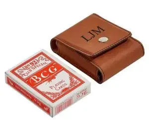 A leather case holder for a deck of cards