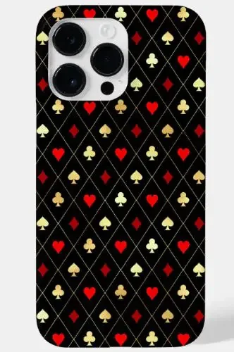 A black phone case with the four suits of cards