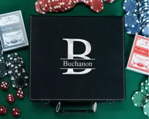 A leather case holder for a poker set
