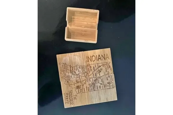 A set of bamboo coasters that make the map of Indiana when put together