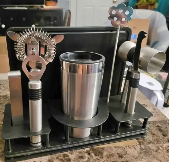 A stainless steel cocktail shaker