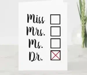 Funny PhD graduation card with boxes of Miss, Mrs, Ms, Dr