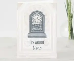 Graduation card with a vintage clock and text "it's about time"