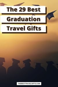 The 29 best graduation travel gifts for graduates with a photo of grads throwing their hats in the air at sunset