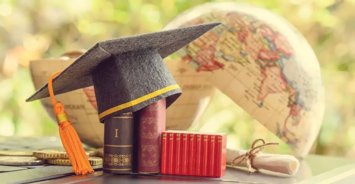A graduation hat, old books, and a globe on a table