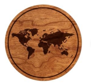 A wooden coaster with a print of the map of the world