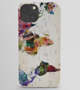 A phone case with a world map print