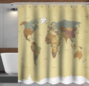 A shower curtain with a print of the world map