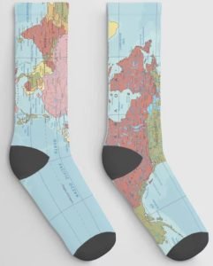 Pair of socks with a world map